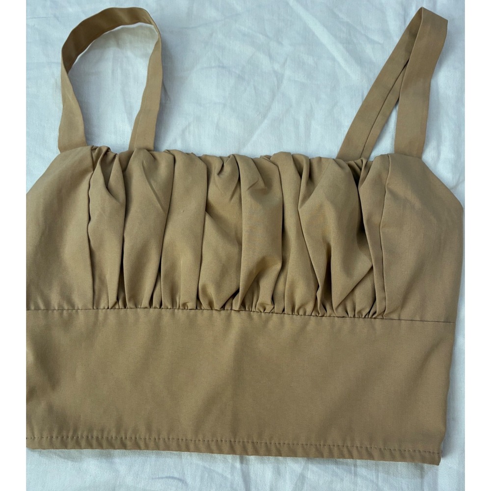 Ruched Pleated‎ Crop Top Women XS Tan Camel Smocked Back Square Neck Sexy Summer